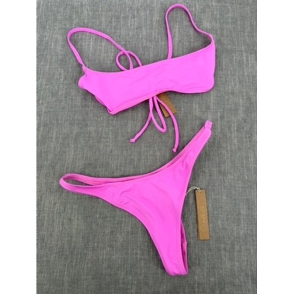 SKIMS Recycled Swim Micro Scoop Top & Thong Bikini Set Neon Orchid Sz Small NWT